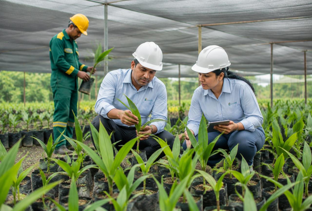 Agronomists inspecting palm seedlings in a nursery